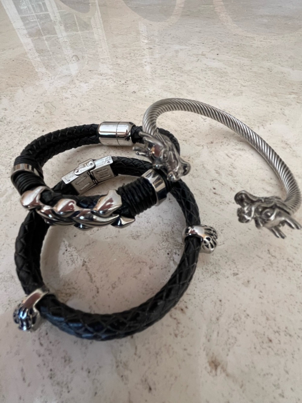 Men's Black Braided Leather & Stainless-steel Bracelet Set (3)